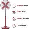 Palma Ventilador de Pie Redondo, 50 W, Acero Inoxidable, 3 Velocidades, Rojo - Imagen 5