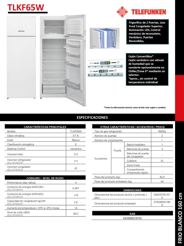 Frigorífico Telefunken 161X54 2 puertas Ciclico Blanco - Imagen 3