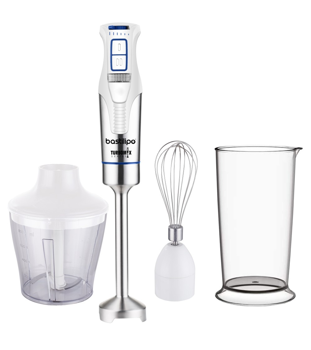 Batidora de brazo con accesorios de 1200W, 4 cuchillas de acero, color blanco/acero, TURBOMIX-1200ACC
