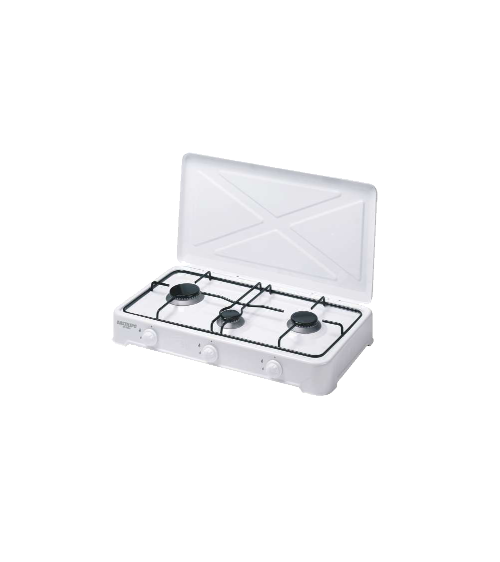 CG-300 Bastilipo, Hornillo de gas de tres quemadores, esmaltada, con tapa, 6,6 Kw, regulador, color blanco (reacondicionado)