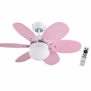 BASTILIPO, ALGARVE DC, ventilador de techo con motor DC, mando a distancia, 75cm Ø, 6 aspas reversibles rosa/celeste, luz led 3 tonos, chasis blanco